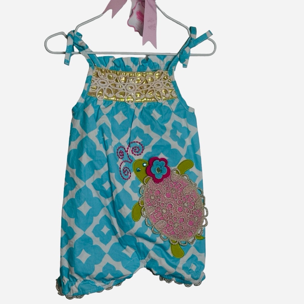 Mud Pie Dress Size 9-12 MO Aqua/White, Detailed Sea Turtle, Neckline & Hem